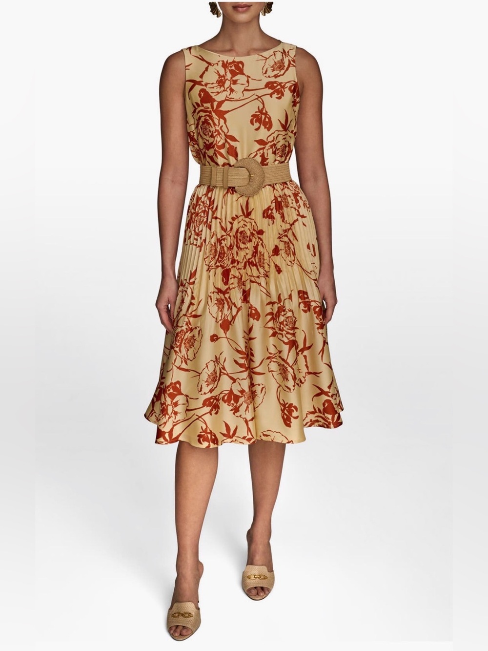 Donna Karan Beige Midi Dress with Rust Floral Print